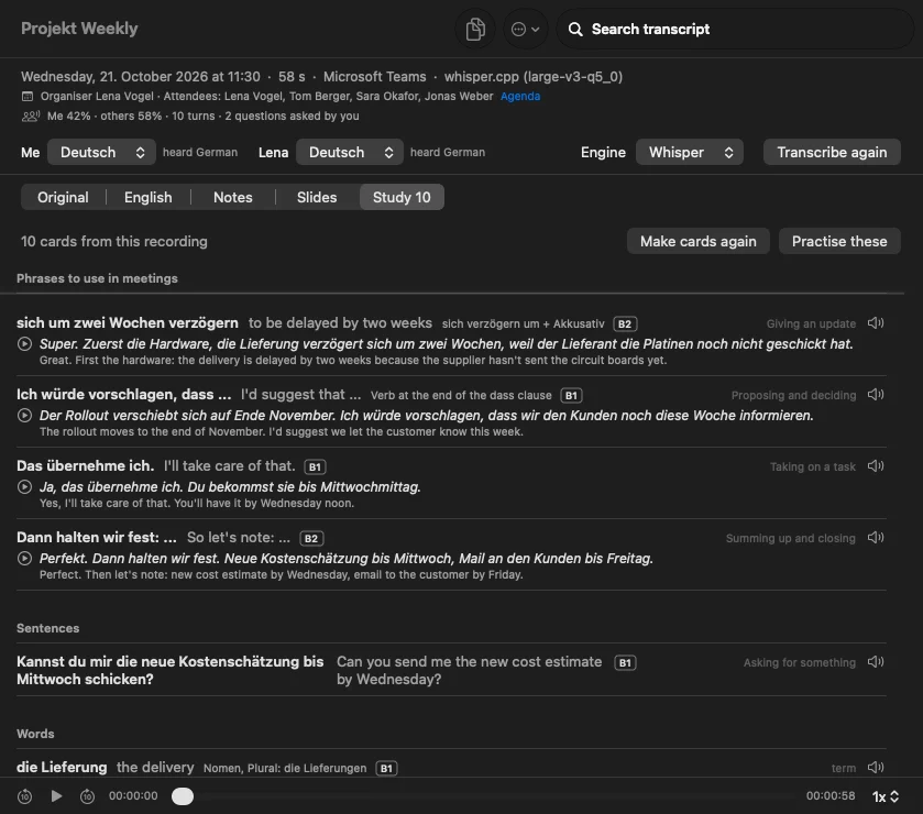 Eine Liste deutscher Wendungen und Wörter aus der Besprechung, jeweils mit englischer Bedeutung, Niveau und dem Satz, aus dem sie stammen.