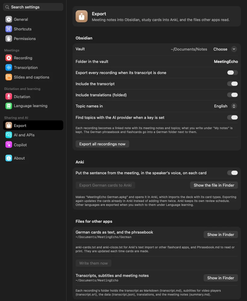Export-Einstellungen für einen Obsidian-Vault, ein Anki-Deck und Textdateien.